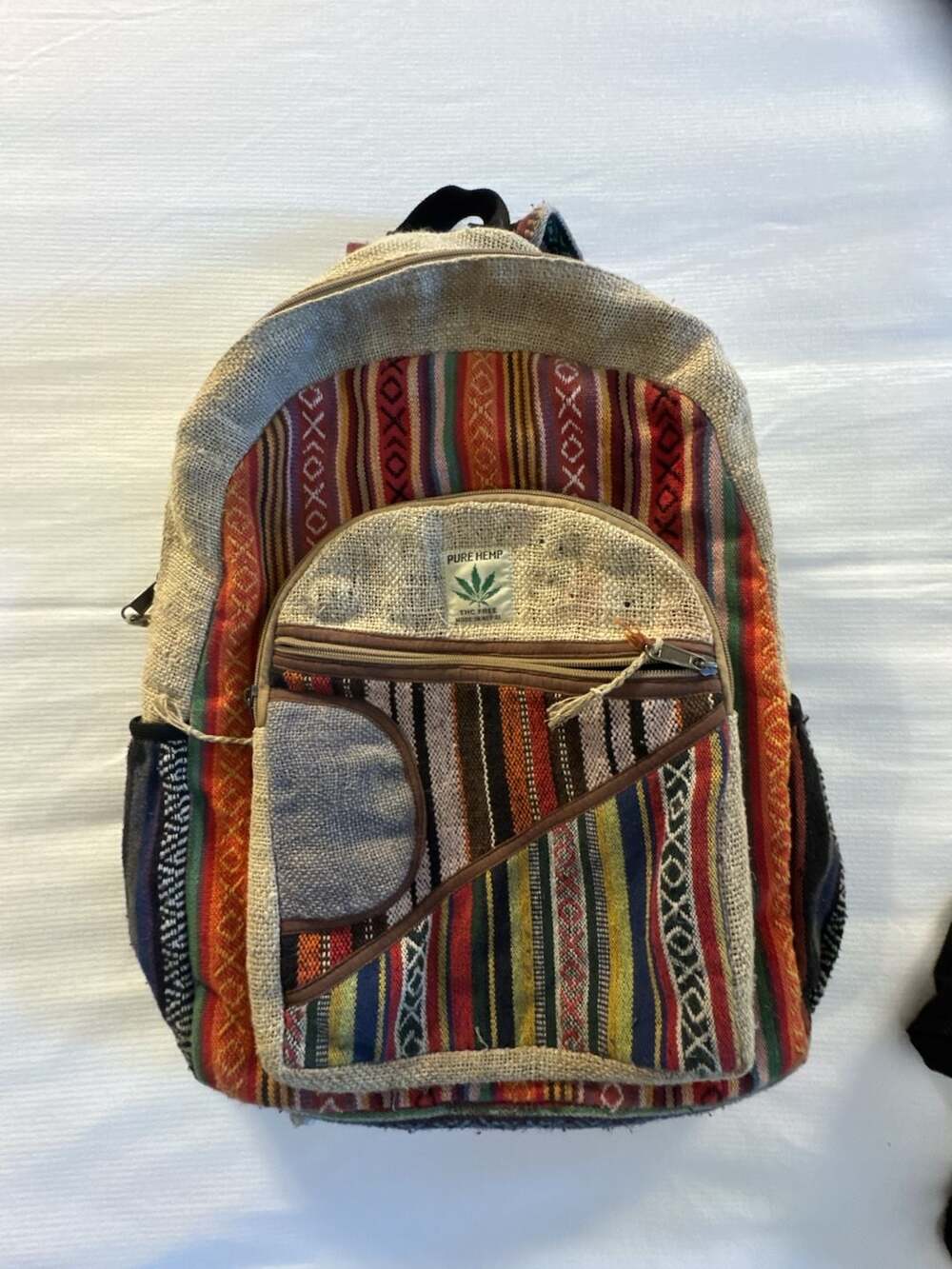 Pure Hemp Multi-Pocket Striped Backpack Made in Nepal. Keys for size scale.